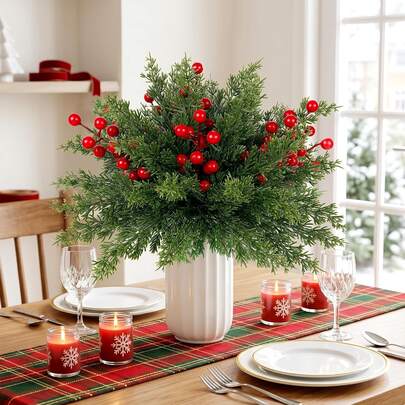 24pcs Artificial Pine Branches Red Berry Stems, Christmas Greenery Stems, For Vases Wreaths Garlands Centerpieces DIY Crafts Seasonal Home Decorating, Christmas Decor, Xmas Decor, Christmas Gifts Decor, Christmas Tree Decorations, Home Decor