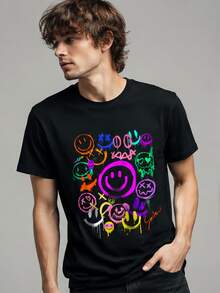 Lokale Lager,Marque,Smile Face Emoticons Fun Vivid Graffiti  Face Graphic T-Shirt - 黑色 - 查看 1