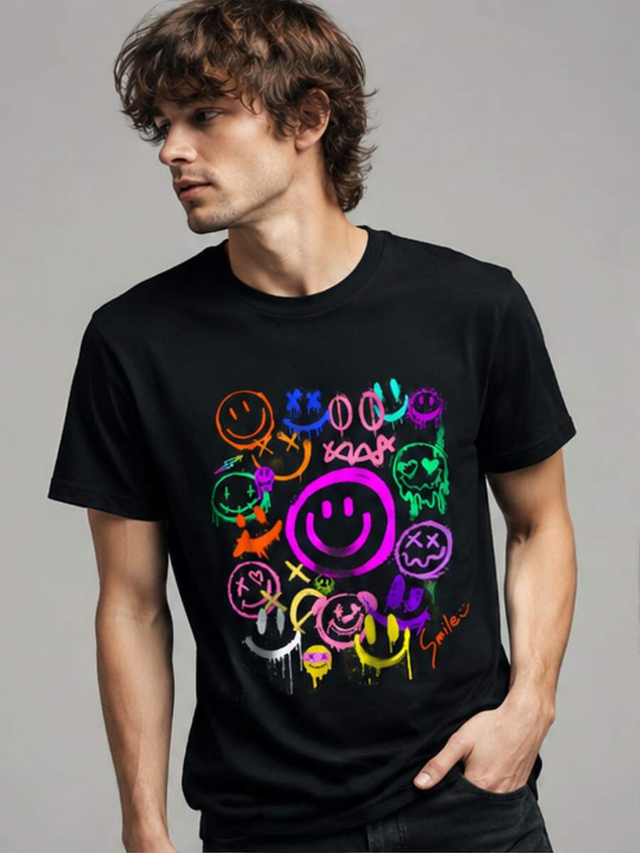 Lokale Lager,Marque,Smile Face Emoticons Fun Vivid Graffiti Face Graphic T-Shirt - 黑色 - 查看 1