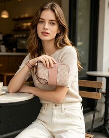 Coach Women's Elegant Diagonal Zipper Wristlet Wallet Clutch Bag, Zipper Wrist Wallet Bag, Women's Gift - Apricot - View 3