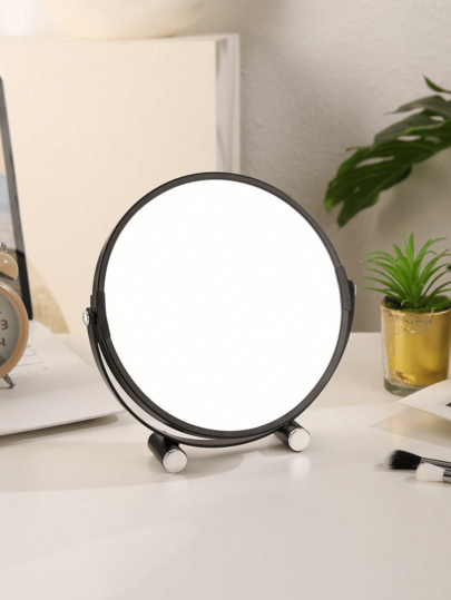 1pc Black Double-Sided Flip Makeup Mirror, High-End Bedroom Vanity Desktop Decor Metal High-Definition Makeup Mirror With Magnifying Power
