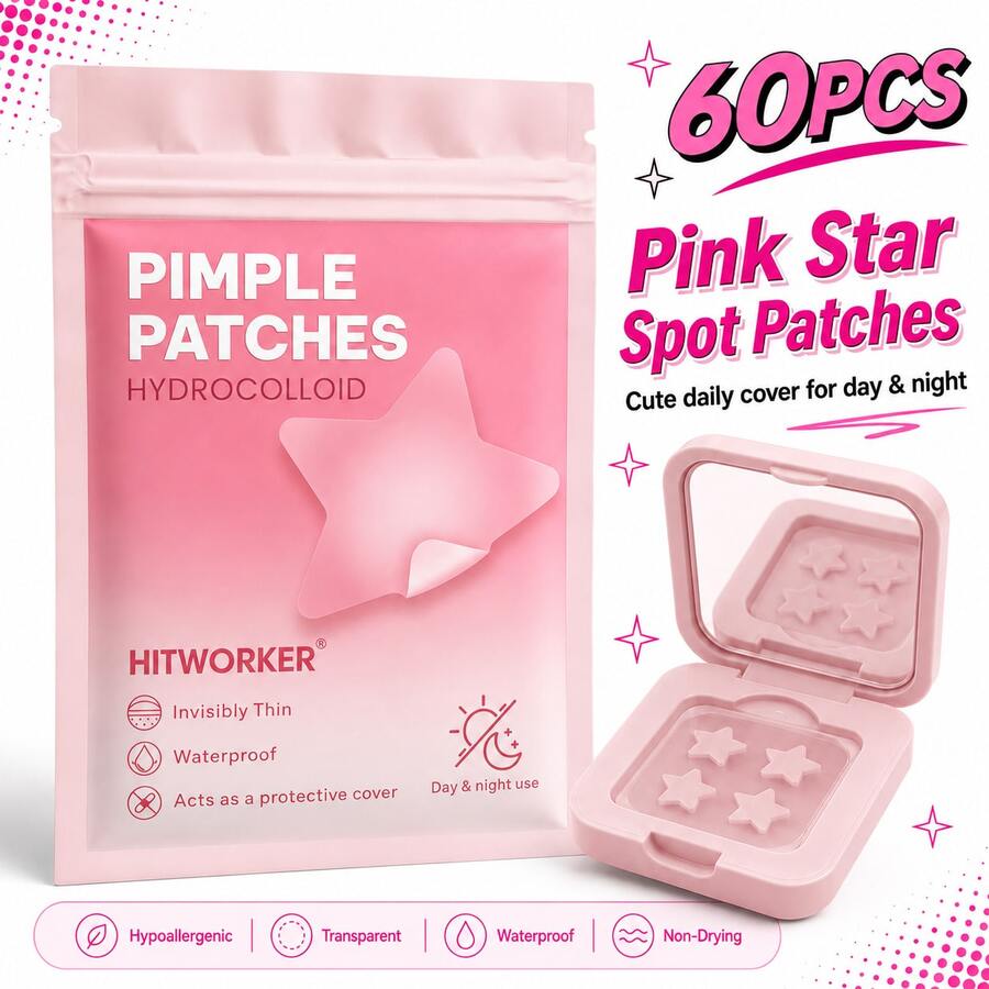 60PCS Pink Star Face Stickers, Cute Star Shape Decorative Patch Set, Portable Storage Case Included, Kawaii Fashion Accessories, Fun Style Facial Stickers For Women Girls - Multicolor - View 1