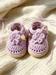 1 Pair Crochet Infant Boots, Beige Floral Pattern, Handmade Woven Straw Shoes - Mauve Purple - View 3
