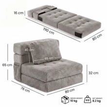 Wandelbares Sofa 4 in 1, klappbarer Sessel mit Seitentasche, Komfortschaum, Cordbezug, Kissen und Kopfstütze, für Wohnzimmer oder kleine Räume - Grau - Übersicht 2