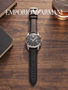 Armani AR6039 男士計時碼錶，黑色錶盤銀色圓形錶殼，黑色紋理錶帶，適合辦公、約會與日常穿搭的時尚配件 - 黑色 - 查看 3
