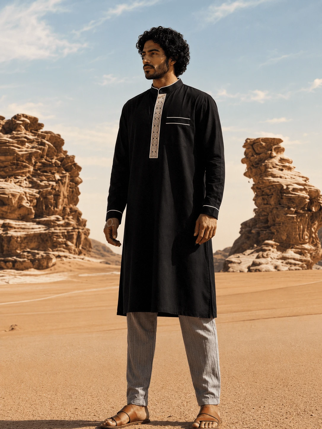 Disqoir Men's Casual Traditional Middle Eastern Clothing, Solid Color Stand Collar Long Sleeve Split Hem Mid-Length Robe - Black - View 1