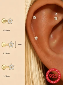 1pc 16G 925 Sterling Silver Press-In Flat Back Earring, Suitable For Cartilage, Conch, Helix, Nose Piercing, Women's - Style 4 - View 1