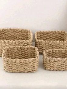 Handwoven Storage Basket Set, 1pc/2pcs/3pcs/4pcs, Paper Rope Material, Suitable For Living Room, Bedroom, Cabinet And Office, Home Decor, Shelf Storage Basket, Halloween Gift, Christmas Decoration Storage Basket - Khaki - View 1