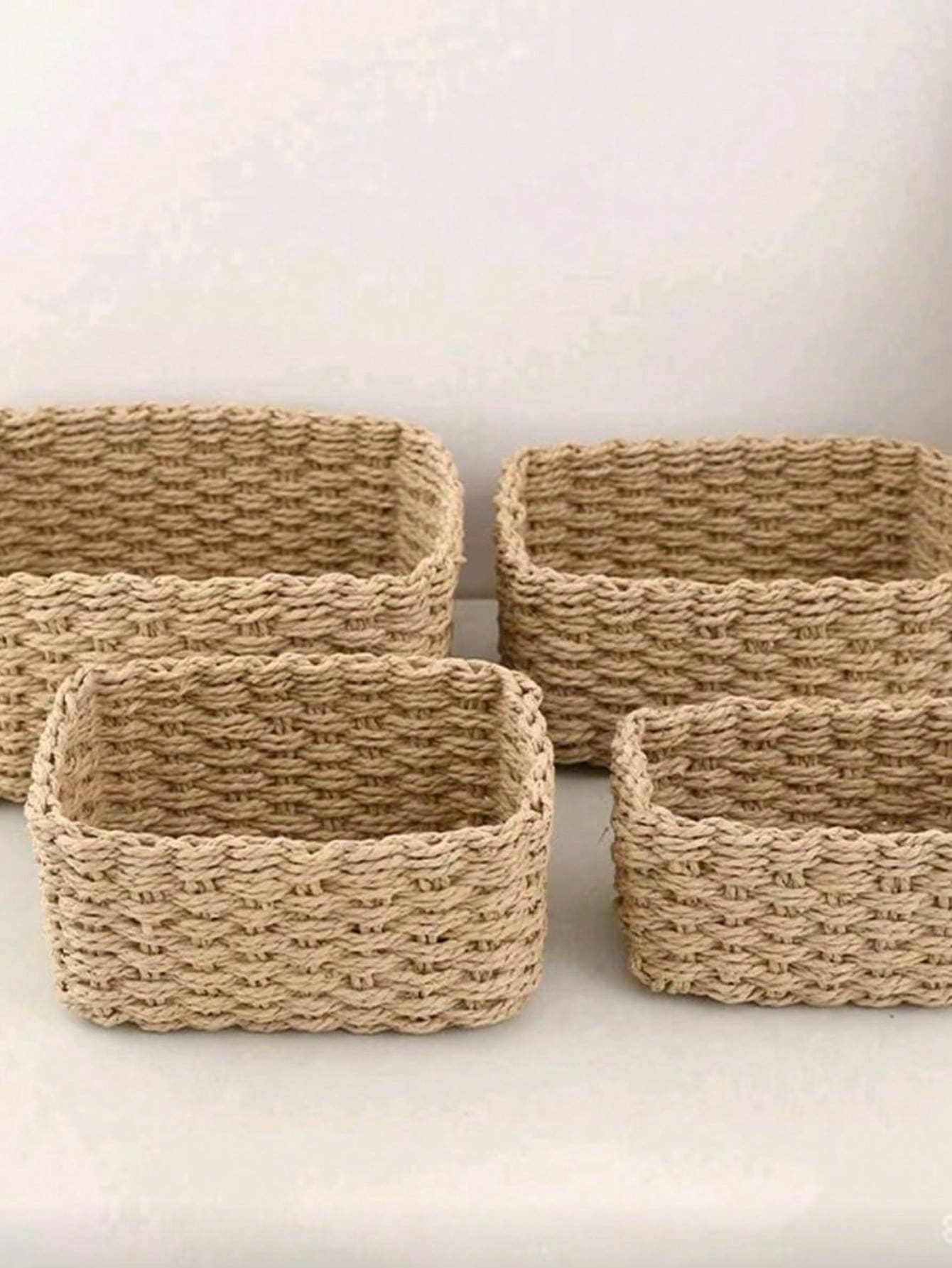 Handwoven Storage Basket Set, 1pc/2pcs/3pcs/4pcs, Paper Rope Material, Suitable For Living Room, Bedroom, Cabinet And Office, Home Decor, Shelf Storage Basket, Halloween Gift, Christmas Decoration Storage Basket - Khaki - View 1
