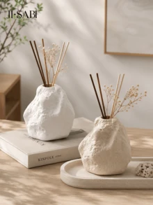 Wabi-Sabi Style Asymmetrical Rock-Shaped Rattan Aromatherapy Bottle, Textured Stone-Like Fragrance Oil Container, Empty Diffuser Vase, Suitable For Home Bedroom Bathroom Desktop Decoration, Minimalist Housewarming Gift - Wabi-sabi Rock Diffuser Bottle - View 2