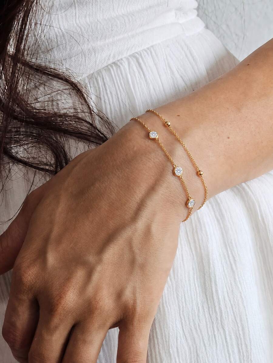 1pc Fashionable Stainless Steel Gold-Plated Zirconia Double Layer Stacked Beaded Bracelet, Suitable For Women's Daily, Holiday, Gift, Party, Gathering Wear Accessory - 5-stone Zirconia Bracelet - View 1
