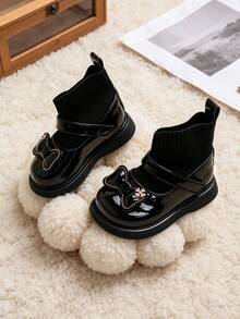 1 Pair Children's Mary Jane Patchwork Sock Boots, Cute Bow Decor Elastic Knitted Ankle Boots, Suitable For School And Outdoor Play, Suitable For Autumn/Winter - Black - View 5