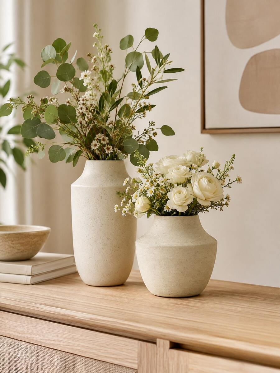 1pc Beige Textured Vase, Modern Minimalist Flower Vase For Fresh Flowers & Greenery, Neutral Boho Farmhouse Home Decor For Living Room, Entryway, Dining Table, Shelf, Mantel, Tabletop Centerpiece And Housewarming Gift - Multiple Styles - View 1