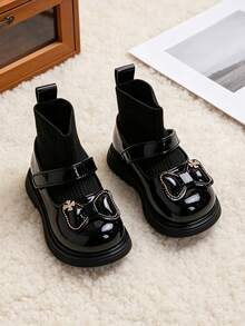 1 Pair Children's Mary Jane Patchwork Sock Boots, Cute Bow Decor Elastic Knitted Ankle Boots, Suitable For School And Outdoor Play, Suitable For Autumn/Winter - Black - View 8