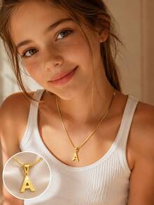 1pc Gold Tone A-Z Initial Letter Pendant Necklace Textured Box Chain Y2K Jewelry For Girls Boys Daily Wear School Party Vacation Style - Gold - View 1
