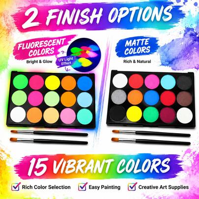 15 Colors Solid Watercolor Paint Set UV Fluorescent Glow + Matte Solid Dual Effect With 2 Brushes Flat Head + Pointed Head, Washable And Easy To Blend, Student Hand-Drawn Graffiti Greeting Card Handmade DIY Art Painting Tools