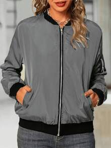 Women's Spring/Autumn Casual Fashion Baseball Collar Zipper Lightweight Jacket, Grey Coat, Basic Jacket - Grey - View 6