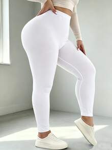 3pcs/Set Plus Size White Long Leggings, High Elastic Soft Fabric, 9/10 Length, Slimming Fit, Non-Tight, Fitness Yoga Pants Fall - White - View 3
