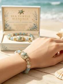 1pc Turtle Blessing Bead Bracelet With Gold Starfish And Blue Stone, Ocean Healing Protection Longevity Gift Jewelry, Suitable For Women Beach Vacation Daily Wear - Blue - View 2