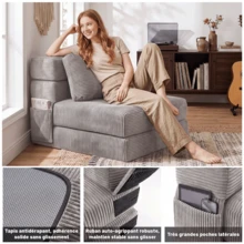Wandelbares Sofa 4 in 1, klappbarer Sessel mit Seitentasche, Komfortschaum, Cordbezug, Kissen und Kopfstütze, für Wohnzimmer oder kleine Räume - Grau - Übersicht 4