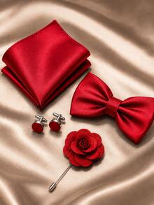 1SET Solid Color Bow Tie Pocket Square Lapel Pin Cufflinks Combination Set Adjustable Bow Tie Lapel Flower Handkerchief Brooch Cufflinks Combination - Red - View 1
