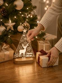 1PC Personalized Christmas Tree Deer Acrylic LED Night Light, Custom Name Holiday Lamp With Wooden Base, Snowflake Reindeer Xmas Table Decor, Winter Bedroom Home Decoration, Festive Gift - Multi-color 8 - View 4