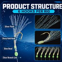 3 Packs 6-Hook Bait Catching Rigs, 18 Hooks Total, Saltwater Fishing Rigs With Flash Fiber & Beads, Sizes 8#-16# - Green - View 3