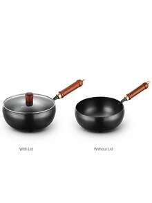 1pc Black Non-Stick Deep Frying Pan With Heat-Resistant Wooden Handle, Induction Gas Electric Halogen Compatible Skillet Wok, Professional Kitchen Cookware For Sautéing Stir-Frying Eggs Pancakes, Even Heat Distribution, Easy To Clean - View 8