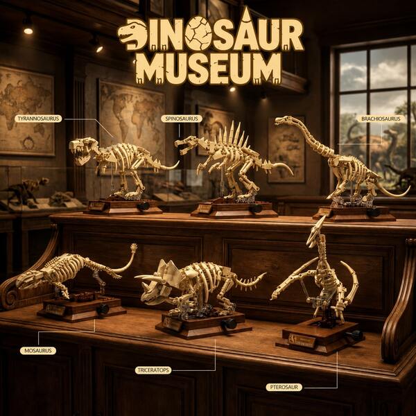 Juegos de bloques de construcción con temática de dinosaurios: modelos de juguetes de ensamblaje 3D. Incluye varias formas de dinosaurios, como Tiranosaurio, Triceratops, Acrocanthosaurus y Hesperonychus