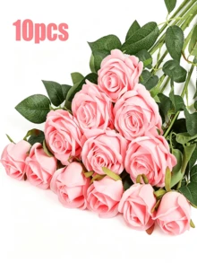 100pcs Artificial Pink Roses, Faux Flowers, Suitable For DIY Wedding Bouquets, Table Decor, Valentine's Day, Party Decoration - Pink - View 7