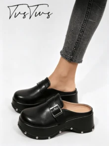 Women's Belt Buckle Rivet Thick Sole Closed Toe Mule Shoes, Platform Sole Backless Slip-On Perforated Half-Sling Sandals - Black - View 1