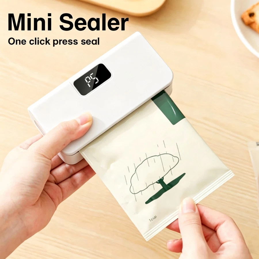 FUTUREM Mini sellador de bolsas, ajuste de 6 velocidades y pantalla LED, mini sellador portátil de bolsas con cortador e imán, no requiere precalentamiento - Ver 1