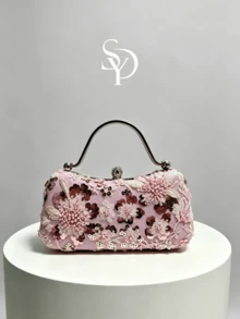 1件粉色重裝飾珠片花卉手拿晚宴包，3D花卉刺繡，金屬手柄扣包，婚禮宴會派對禮服搭配，浪漫氛圍手提包（隨機花紋） - 粉色 - 查看 1