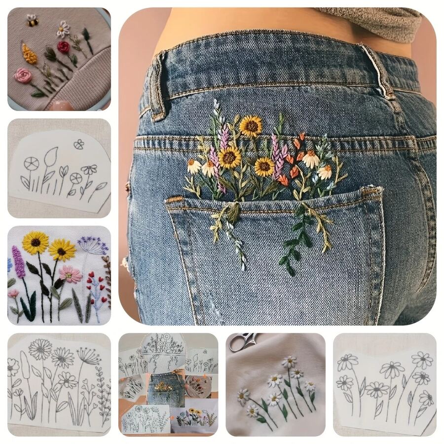 DIY Embroidery Kit - Water-Soluble Self-Adhesive Embroidery Patches, Clothes Embroidery Appliques, Convenient For Beginners, Suitable For Sweaters, Denim Jackets, Bags Embroidery, Embroidery Tools, Sewing, Needlework DIY Crafts And Garment Accessories