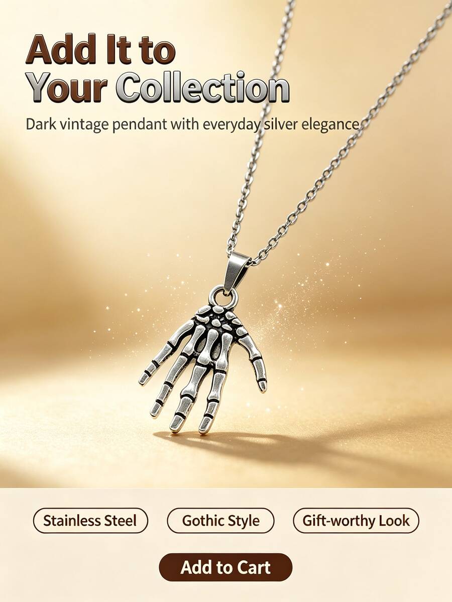 Skeleton Hand Stainless Steel Necklace – Vintage Silver Gothic Claw Pendant For Everyday, Halloween And Dark Style Outfits - Multicolor - View 1