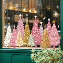 3-Pack Static Cling Window Stickers PVC Christmas Tree And Snowflake Decors - Winter Snowflakes With Christmas Trees, Glossy Finish, Suitable For Doors, Mirrors, Laptops, Tablets - Stick-On, Yellow-Green-Gold Christmas Tree And Snowflakes, Winter Home Window Decoration (No Residue) - Multicolor - View 3