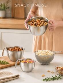 4-Piece CY Mixing Bowl Set With Handles: Stainless Steel Bowls Featuring Measurement Markings, Handles, And Strainers. This Multifunctional Set Is Designed For Mixing Batters, Eggs, And Cream, As Well As For Washing And Draining Fruit, Rice, And Beans. - View 4