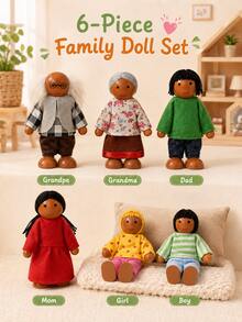 6pcs Wooden Cartoon Character Doll Set, Cute Mini Role Play Educational Toys, Suitable For 3+ Years Old Children, Dollhouse Character Decor, Birthday Gift - Multicolor - View 3