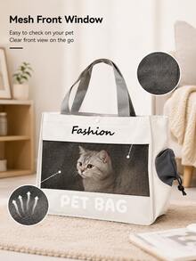 4 Colors Available, This Portable Pet Tote Bag Combines Canvas And Breathable Mesh, Featuring Minimalist Letter Print And Side Drawstring Ventilation, Perfect For Carrying Small Cats Or Dogs For Daily Outings - Multicolor - View 3