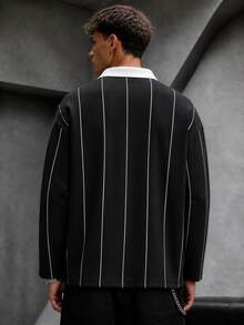 Krometka Men's Contrast Color Lapel Vertical Striped Long Sleeve Polo Shirt, Minimalist Letter Embroidery Loose Casual Top - Black - View 3