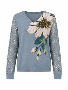 Elegant Floral Print V-Neck Long Sleeve Sweater, Versatile For Spring, Summer, Autumn, Winter, Bohemian Style, Travel Vacation Fall - Light Blue - View 10