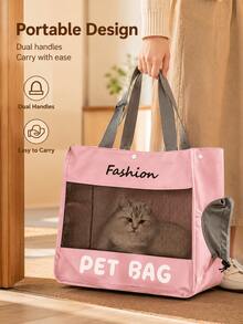 Pink Pet Travel Tote Bag, Oxford Cloth Breathable Mesh Window Cat Pet Carrier, Fashion Letter Print Snap Button Design, Large Capacity Portable Pet Travel Bag, Suitable For Small Cats And Dogs Outdoor Shopping And Daily Use - Multicolor - View 5