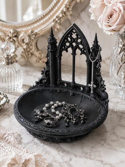1pc Black Gothic Jewelry Organizer & Jewelry Tray, Vintage Church Window Design Ring Necklace Earring Storage Box, Elegant Vanity Decor, Suitable For Women, Wedding, Bridesmaid Gift, Room Decor, Home Decor Jewelry Tray