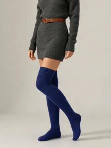 1 Pair Women's Soft Thick Knitted Over-The-Knee Socks, 5 Colors Available, Ribbed Cuff High Elastic Solid Color Long Over-The-Knee Socks, Comfortable Warm Long Tube Socks, Suitable For Daily Casual, Work Commute Outfits - Multicolor - View 3