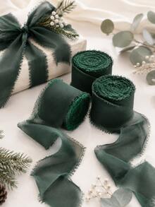 3 Rolls Deep Green Chiffon Ribbon Set, 1.5 Inch X 21 Yards Per Roll, Frayed Edge Fabric Ribbon, Suitable For Wedding Bouquets, Bridal Shower, Birthday Party, Gift Wrapping, Invitations, Table Decor And DIY Crafts - Dark Green - View 2