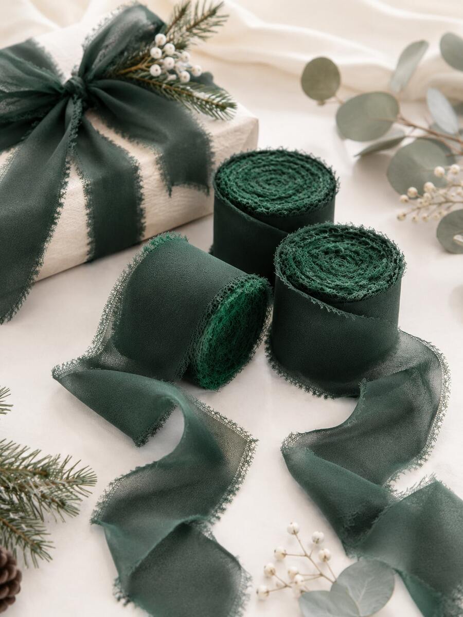3 Rolls Deep Green Chiffon Ribbon Set, 1.5 Inch X 21 Yards Per Roll, Frayed Edge Fabric Ribbon, Suitable For Wedding Bouquets, Bridal Shower, Birthday Party, Gift Wrapping, Invitations, Table Decor And DIY Crafts