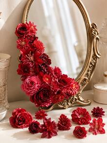 40pcs Red Burgundy Mixed Artificial Flower Heads, Stemless Fake Roses Peonies Lilies & Daisy Flowers For DIY Wedding Bouquets, Wreaths, Garlands, Table Centerpieces, Gift Box, Cake, Mirror, Candle Ring, Party Backdrop And Home Decor Floral Crafts - Red Series - View 7