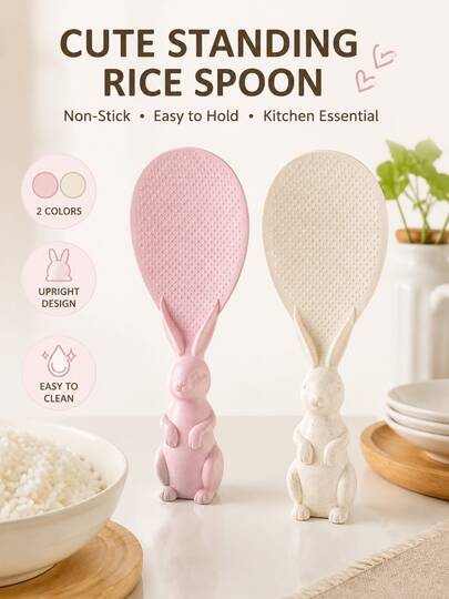 6PCS Pink Cute Bunny Rice Paddle, Standing Non-Stick Textured Rice Spoon For Rice Cooker, Serving Rice, Sushi & Kitchen Essentials