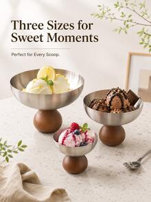 1pc Stainless Steel Ice Cream Cup, Dessert Bowl, Round Wooden Base Pudding Cup, Salad Fruit Yogurt Cup, Suitable For Party Use - Silver - View 4