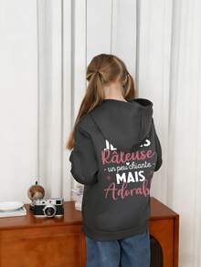 Tween Girl Fun Graphic Print Pullover Sweatshirt, Warm & Comfortable Thermal Lined Pullover Sweatshirt For Autumn/Winter - Dark Grey - View 5